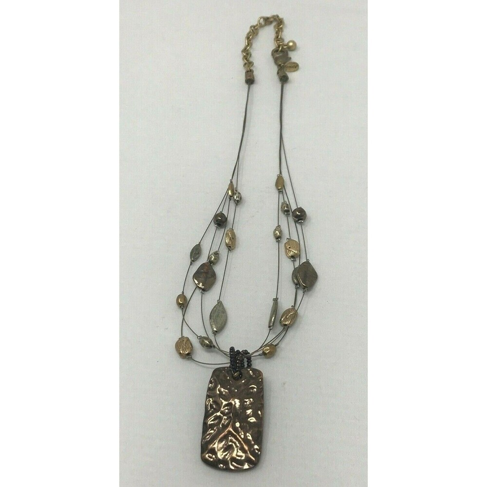 CHICO'S Pendant Necklace Metal Rectangle Brown Metallic Gold Tone Floating Beads